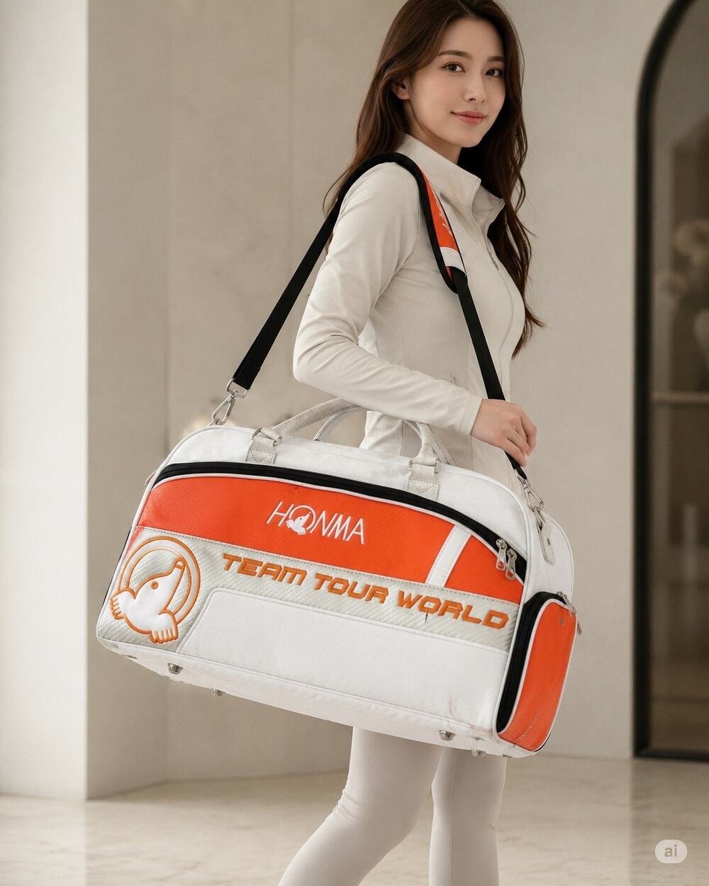 HONMA Team Tour World Golf Boston Duffel Bag White Orange Shoulder Strap Japan